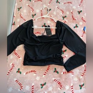 Black crop top with mesh long sleeves
